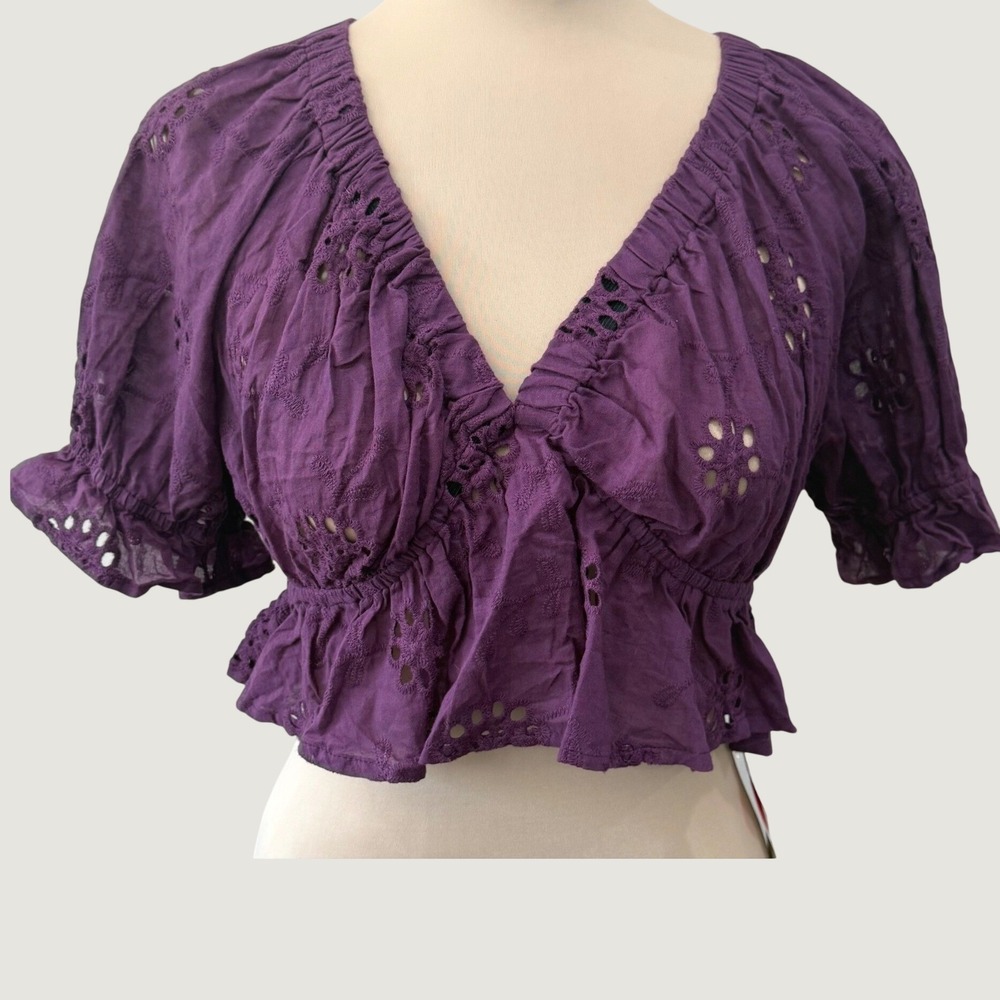 Cider Eyelet Peplum Crop Top Women's Purple Puff Sleeve Boho Cottagecore NWT XL